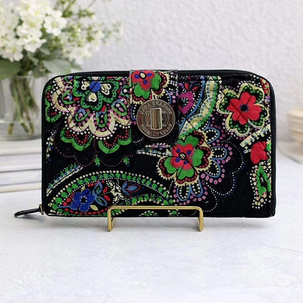 Vera Bradley Turnlock Wallet – Kiev Paisley Black Multicolor Floral - Picture 1 of 5